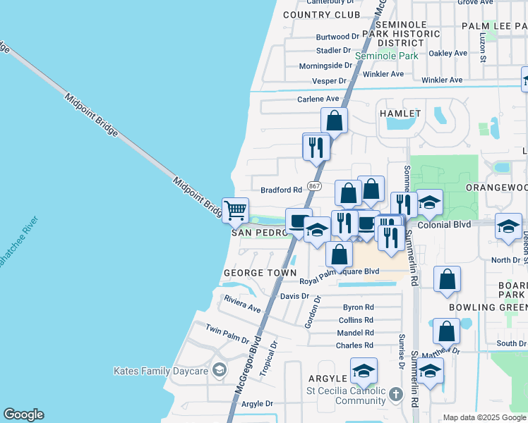 map of restaurants, bars, coffee shops, grocery stores, and more near 1331 Rio Vista in Fort Myers