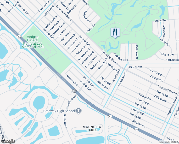 map of restaurants, bars, coffee shops, grocery stores, and more near 2441 Quentin Avenue South in Lehigh Acres