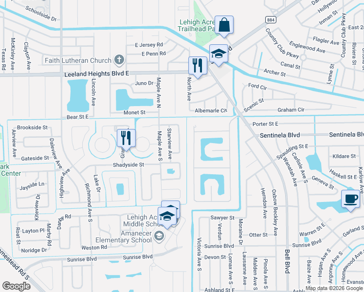 map of restaurants, bars, coffee shops, grocery stores, and more near 113 Waterview Avenue in Lehigh Acres