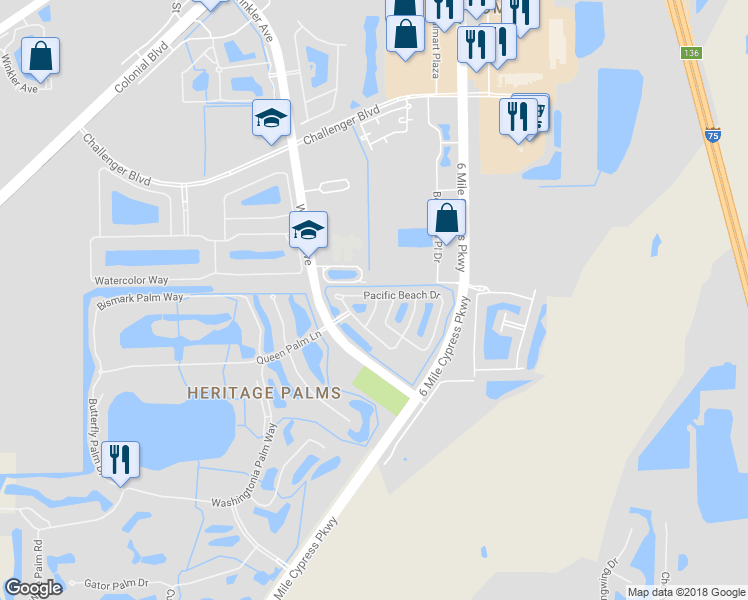 map of restaurants, bars, coffee shops, grocery stores, and more near 8090 Pacific Beach Drive in Fort Myers