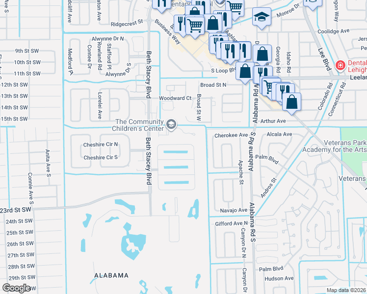 map of restaurants, bars, coffee shops, grocery stores, and more near 9114 Aegean Circle in Lehigh Acres