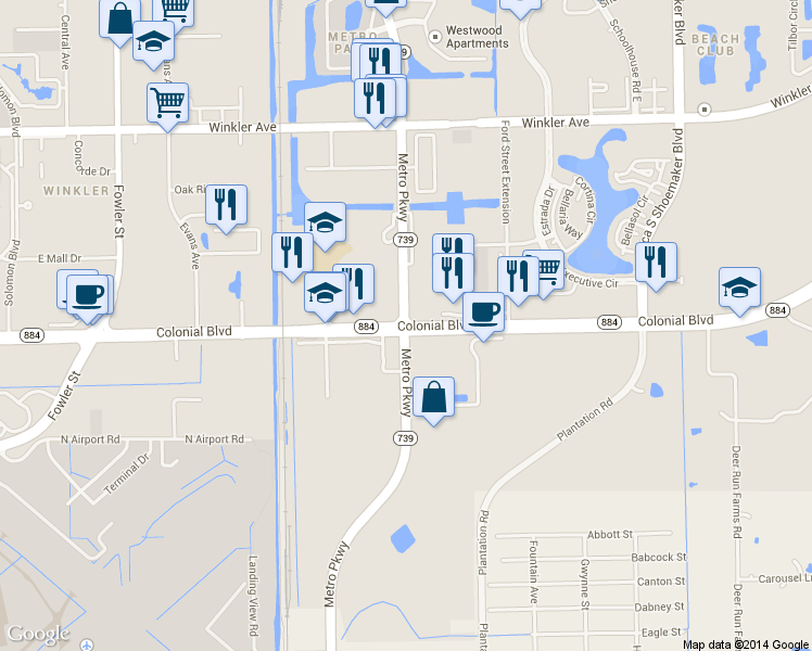 map of restaurants, bars, coffee shops, grocery stores, and more near 4498 State Road 739 in Fort Myers