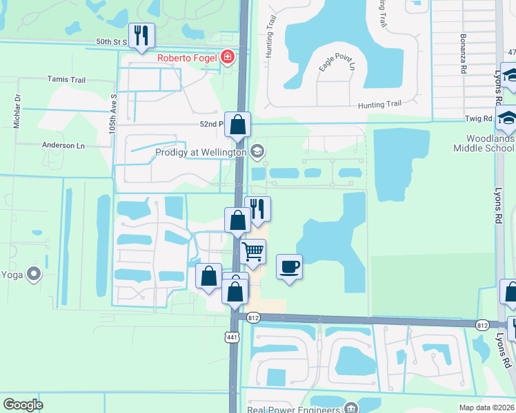 map of restaurants, bars, coffee shops, grocery stores, and more near 9948 Woodwind Lane in Lake Worth