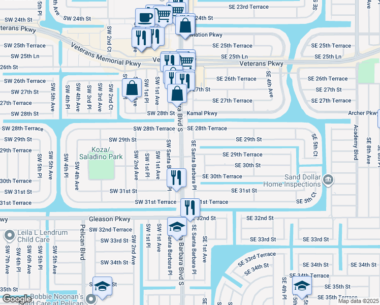 map of restaurants, bars, coffee shops, grocery stores, and more near 2908 Southeast Santa Barbara Place in Cape Coral