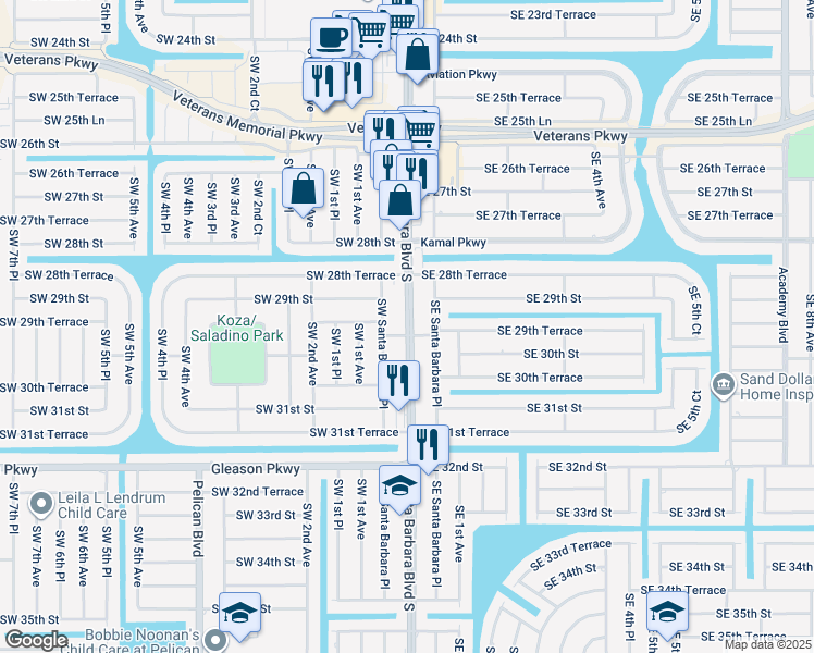 map of restaurants, bars, coffee shops, grocery stores, and more near 2911 Southwest Santa Barbara Place in Cape Coral
