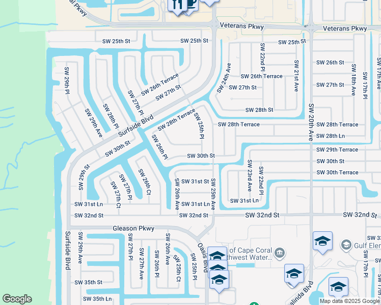map of restaurants, bars, coffee shops, grocery stores, and more near 2527 Southwest 30th Street in Cape Coral