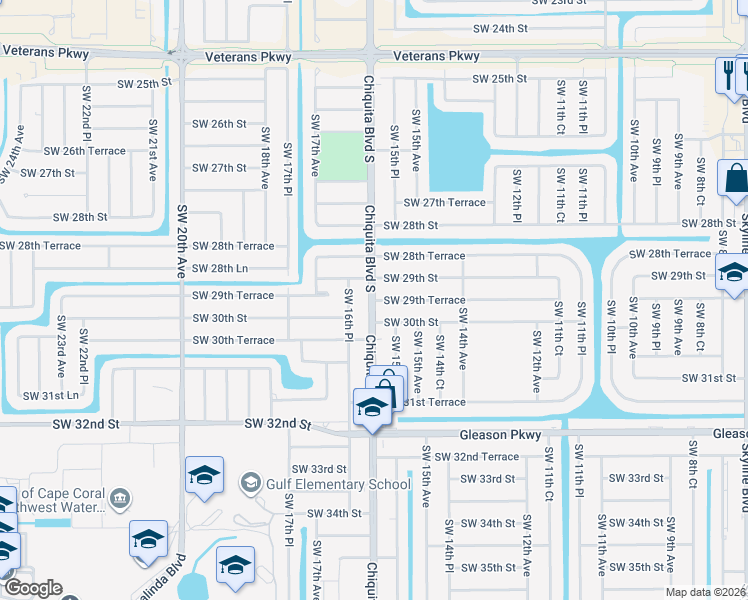 map of restaurants, bars, coffee shops, grocery stores, and more near 1599 Southwest 29th Terrace in Cape Coral
