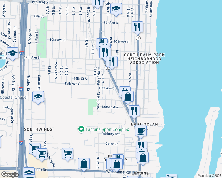map of restaurants, bars, coffee shops, grocery stores, and more near 1421 South K Street in Lake Worth