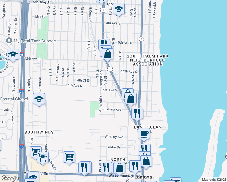 map of restaurants, bars, coffee shops, grocery stores, and more near 1421 South K Street in Lake Worth