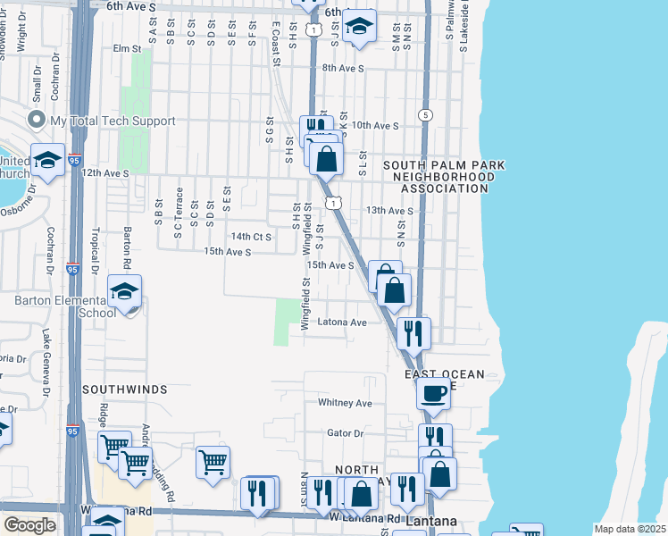 map of restaurants, bars, coffee shops, grocery stores, and more near 1421 South K Street in Lake Worth