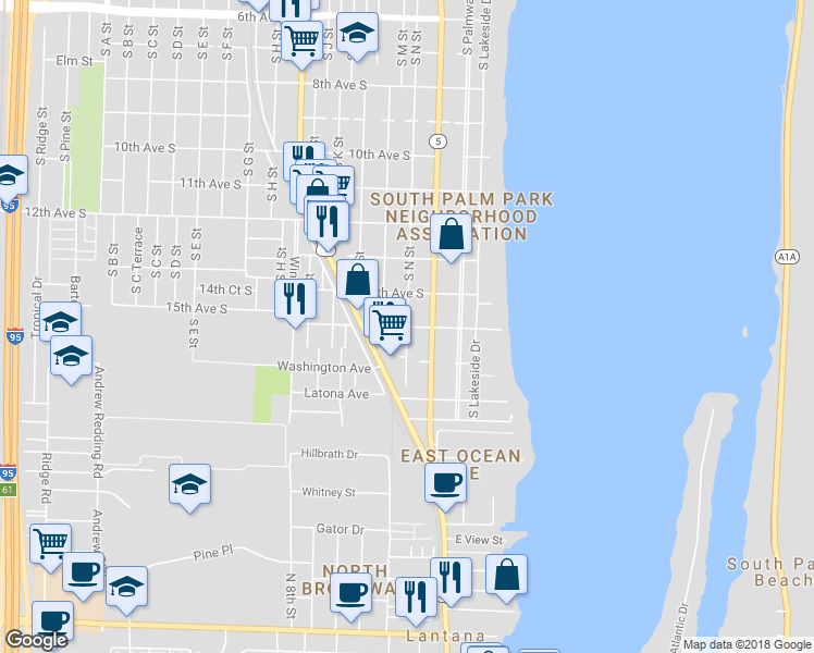 map of restaurants, bars, coffee shops, grocery stores, and more near 15th Avenue South & South N Street in Lake Worth