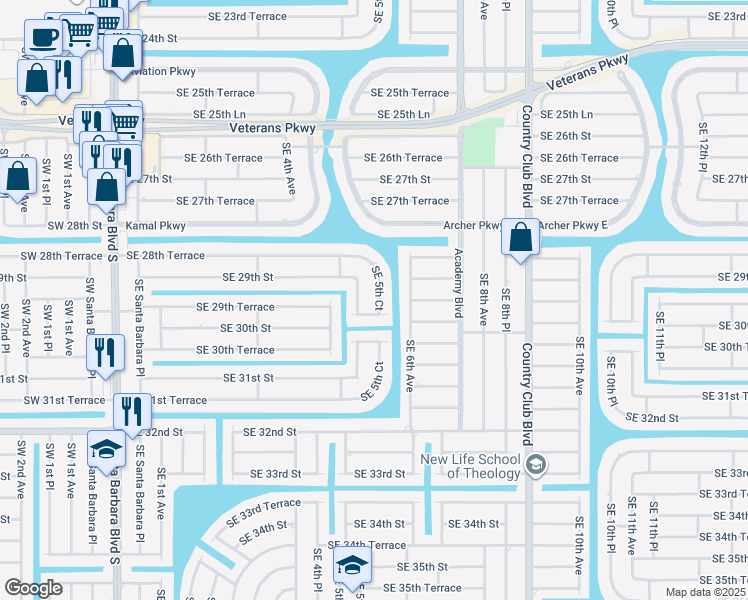 map of restaurants, bars, coffee shops, grocery stores, and more near 2914 Southeast 5th Court in Cape Coral
