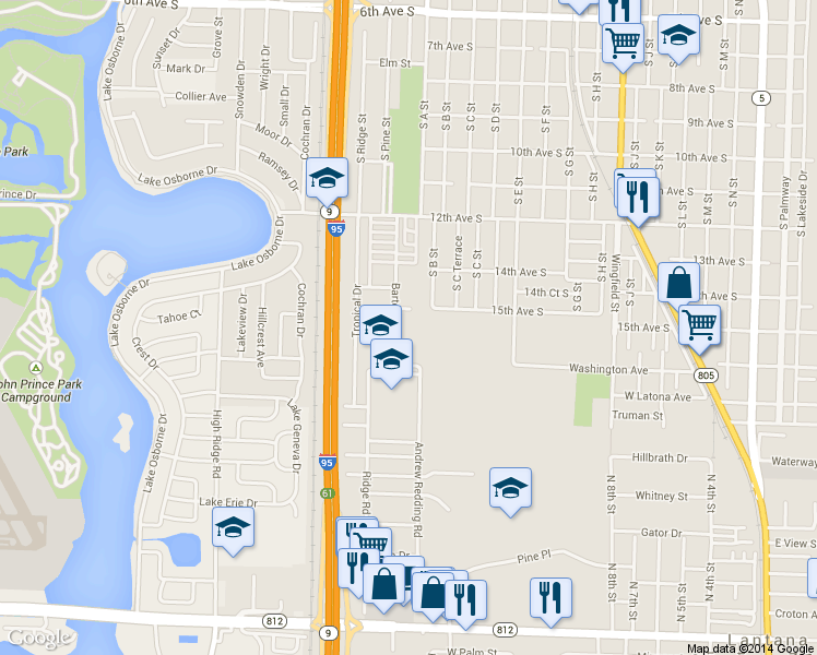 map of restaurants, bars, coffee shops, grocery stores, and more near 1701 Barton Court in Lake Worth