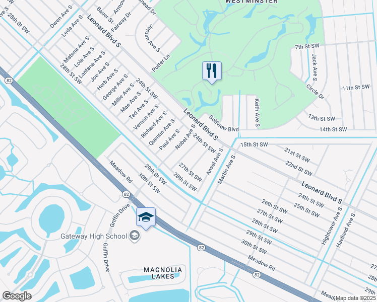 map of restaurants, bars, coffee shops, grocery stores, and more near 2412 Milton Avenue South in Lehigh Acres