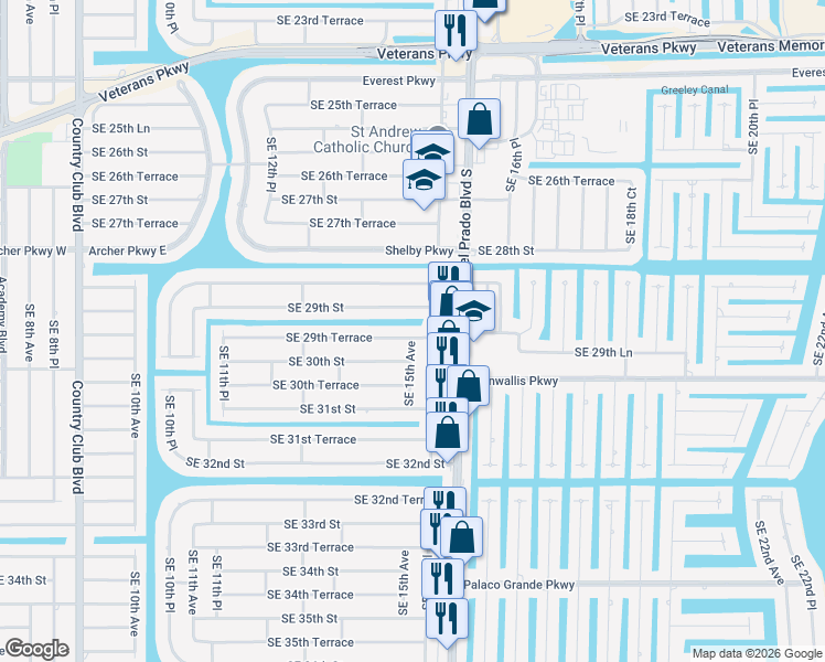 map of restaurants, bars, coffee shops, grocery stores, and more near 1501 Southeast 29th Terrace in Cape Coral
