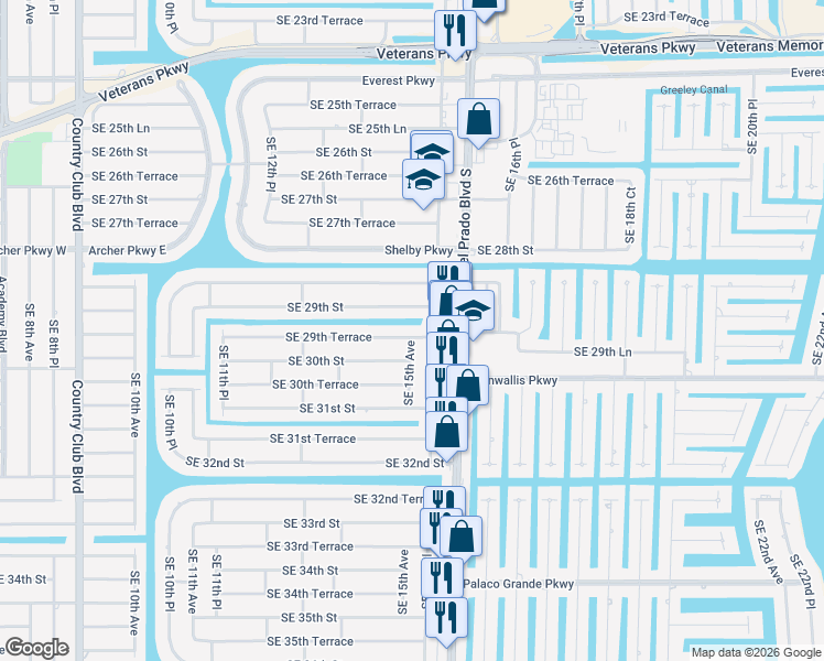 map of restaurants, bars, coffee shops, grocery stores, and more near 1501 Southeast 29th Terrace in Cape Coral