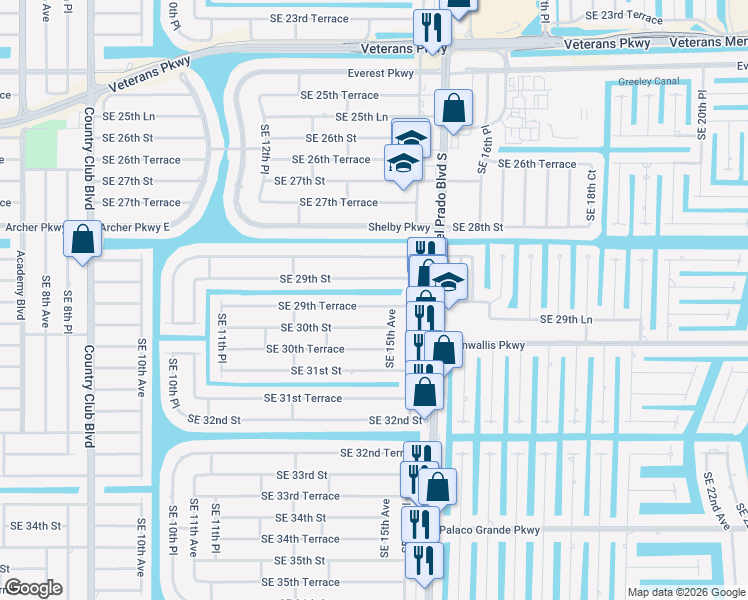 map of restaurants, bars, coffee shops, grocery stores, and more near 1420 Southeast 29th Street in Cape Coral