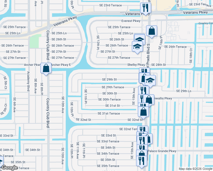 map of restaurants, bars, coffee shops, grocery stores, and more near 1212 Southeast 29th Street in Cape Coral
