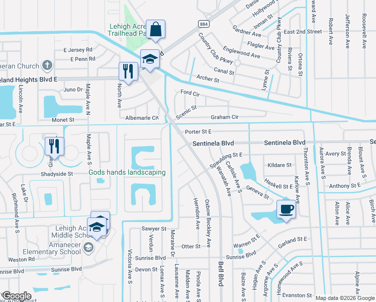 map of restaurants, bars, coffee shops, grocery stores, and more near Bell Boulevard South in Lehigh Acres