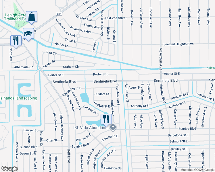 map of restaurants, bars, coffee shops, grocery stores, and more near 876 Sentinela Boulevard in Lehigh Acres