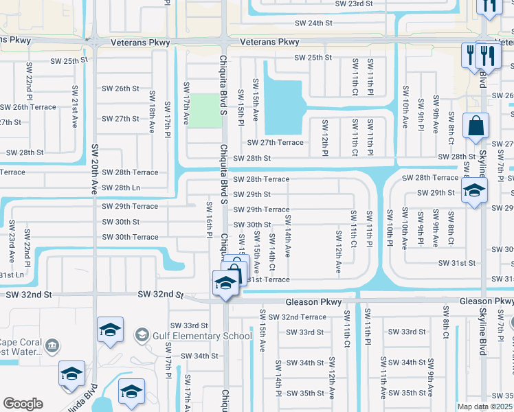 map of restaurants, bars, coffee shops, grocery stores, and more near 1503 Southwest 29th Terrace in Cape Coral