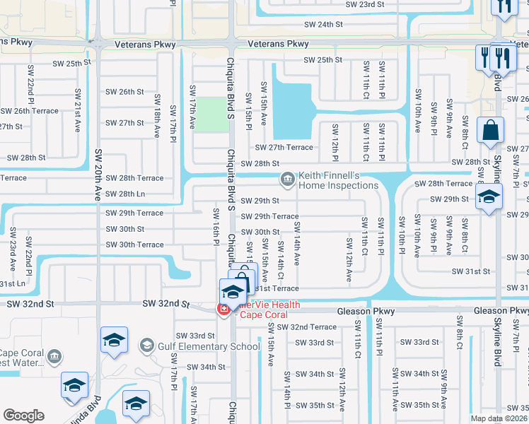 map of restaurants, bars, coffee shops, grocery stores, and more near 1503 Southwest 29th Terrace in Cape Coral