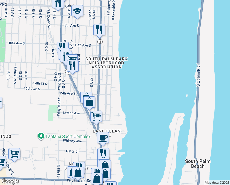 map of restaurants, bars, coffee shops, grocery stores, and more near 1426 South Lakeside Drive in Lake Worth