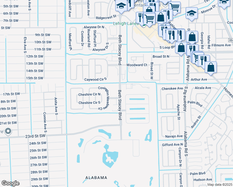 map of restaurants, bars, coffee shops, grocery stores, and more near 10 Beth Stacey Boulevard in Lehigh Acres