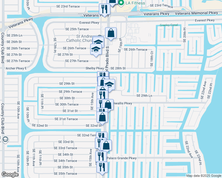 map of restaurants, bars, coffee shops, grocery stores, and more near 2846 Southeast 16th Place in Cape Coral