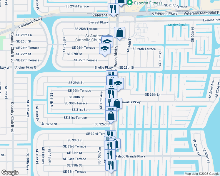 map of restaurants, bars, coffee shops, grocery stores, and more near 2924 Del Prado Boulevard South in Cape Coral