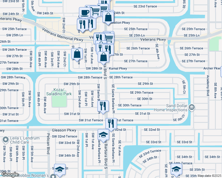 map of restaurants, bars, coffee shops, grocery stores, and more near 2908 Southeast Santa Barbara Place in Cape Coral