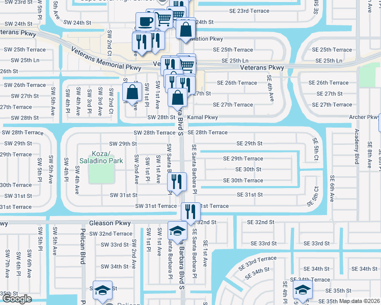 map of restaurants, bars, coffee shops, grocery stores, and more near 2908 Southeast Santa Barbara Place in Cape Coral