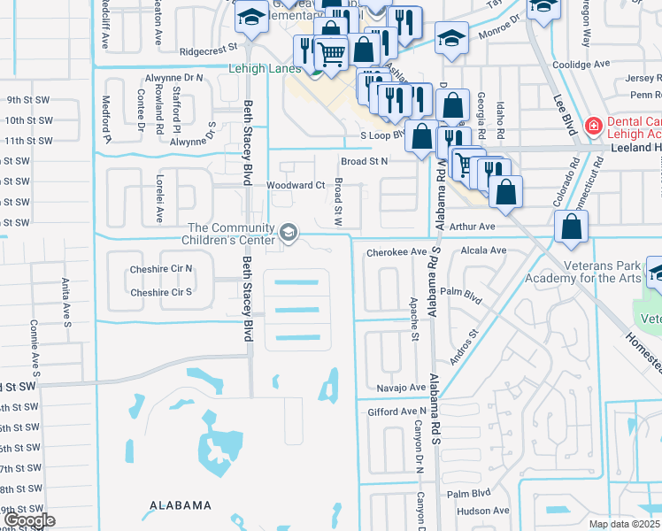 map of restaurants, bars, coffee shops, grocery stores, and more near 9141 Aegean Circle in Lehigh Acres
