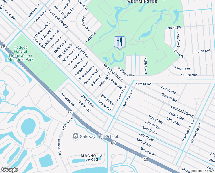map of restaurants, bars, coffee shops, grocery stores, and more near 2412 Milton Ave S in Lehigh Acres