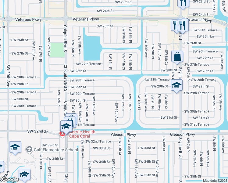 map of restaurants, bars, coffee shops, grocery stores, and more near 1209 Southwest 29th Terrace in Cape Coral