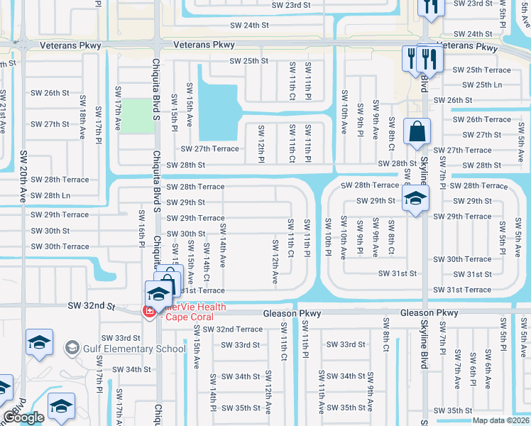 map of restaurants, bars, coffee shops, grocery stores, and more near 1209 Southwest 29th Terrace in Cape Coral