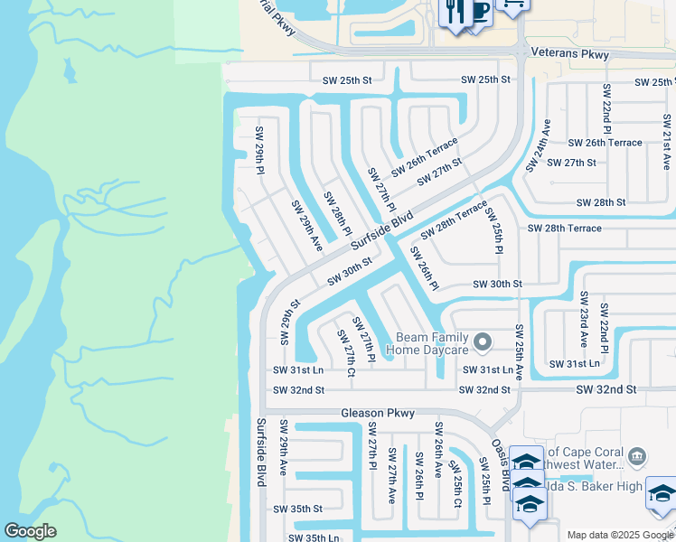 map of restaurants, bars, coffee shops, grocery stores, and more near 2835 Southwest 30th Street in Cape Coral