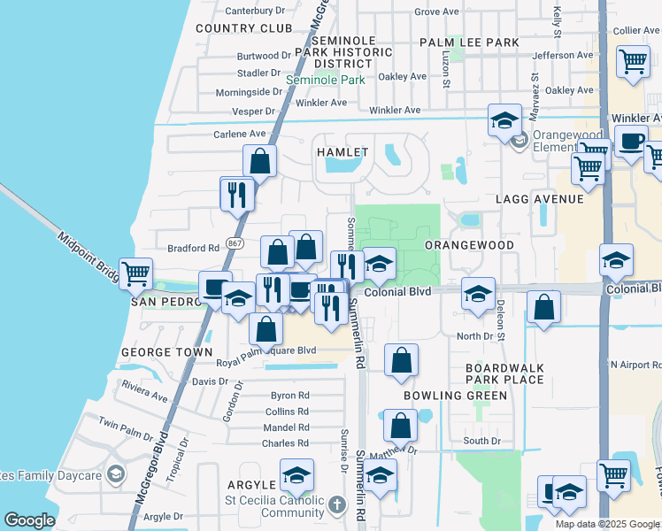 map of restaurants, bars, coffee shops, grocery stores, and more near 4401 Lazio Way in Fort Myers