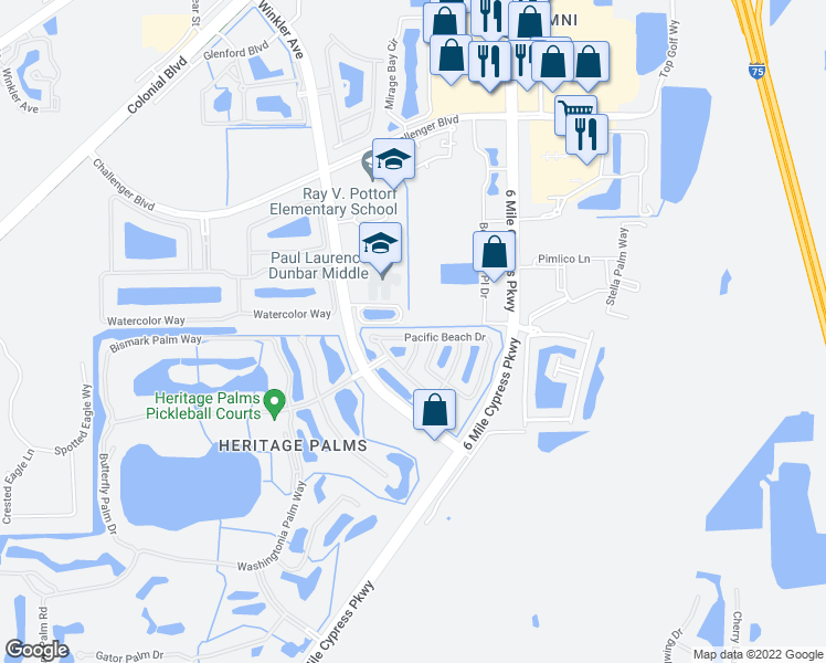 map of restaurants, bars, coffee shops, grocery stores, and more near 8089 Pacific Beach Drive in Fort Myers