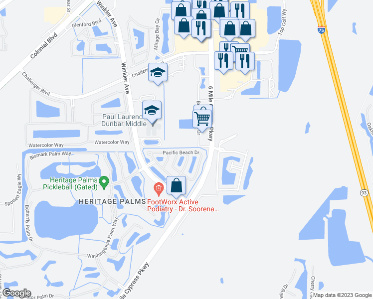 map of restaurants, bars, coffee shops, grocery stores, and more near 8149 Pacific Beach Drive in Fort Myers
