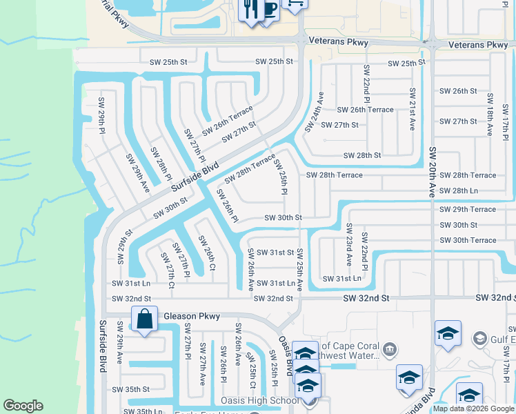 map of restaurants, bars, coffee shops, grocery stores, and more near 2538 Southwest 29th Terrace in Cape Coral