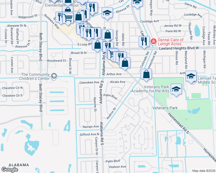 map of restaurants, bars, coffee shops, grocery stores, and more near 12 Alcala Avenue in Lehigh Acres
