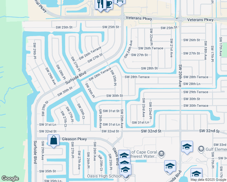 map of restaurants, bars, coffee shops, grocery stores, and more near 2512 Southwest 29th Terrace in Cape Coral