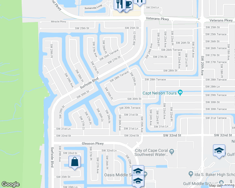 map of restaurants, bars, coffee shops, grocery stores, and more near 2550 Southwest 29th Terrace in Cape Coral