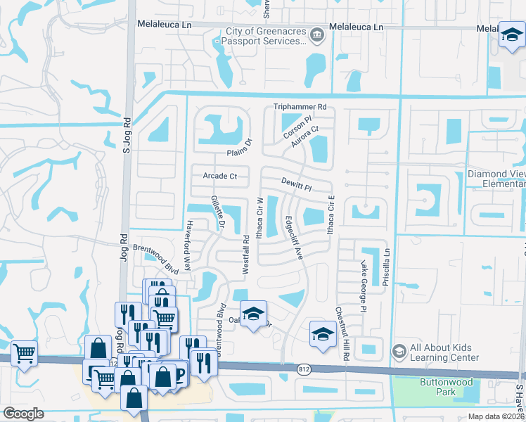 map of restaurants, bars, coffee shops, grocery stores, and more near 5935 Ithaca Circle West in Lake Worth