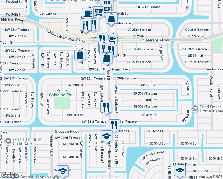 map of restaurants, bars, coffee shops, grocery stores, and more near 2908 Southeast Santa Barbara Place in Cape Coral