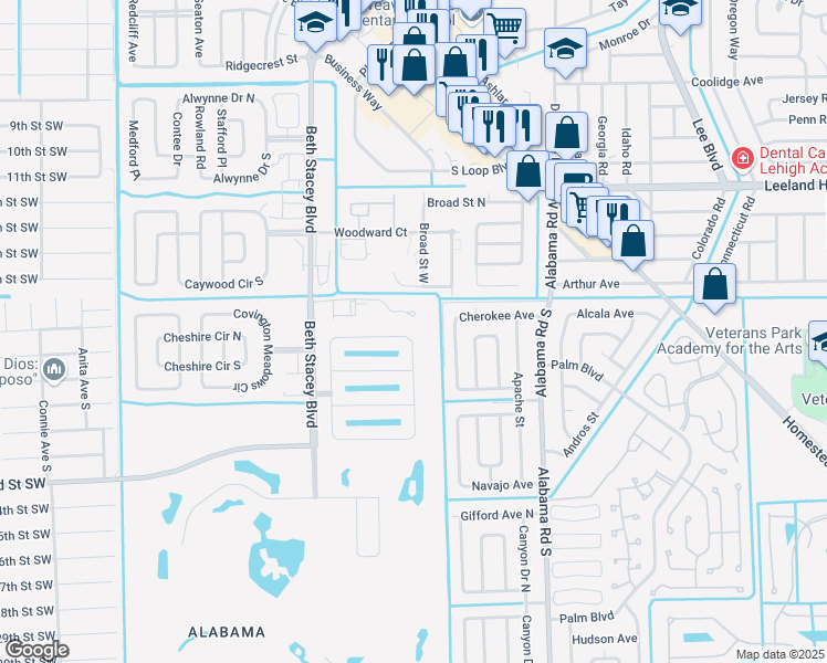 map of restaurants, bars, coffee shops, grocery stores, and more near 9141 Aegean Circle in Lehigh Acres