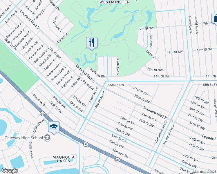 map of restaurants, bars, coffee shops, grocery stores, and more near 4760 Leonard Boulevard South in Lehigh Acres