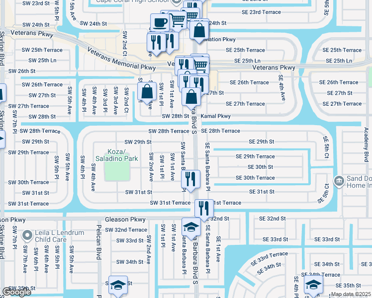 map of restaurants, bars, coffee shops, grocery stores, and more near 2911 Southwest Santa Barbara Place in Cape Coral
