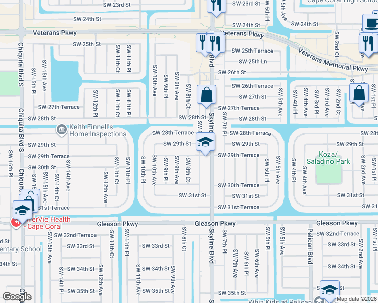 map of restaurants, bars, coffee shops, grocery stores, and more near 831 Southwest 29th Terrace in Cape Coral